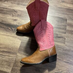 Old West 8139 Tan Brown/Pink Leather Classic Western Cowboy Boots Size 1.0-D
